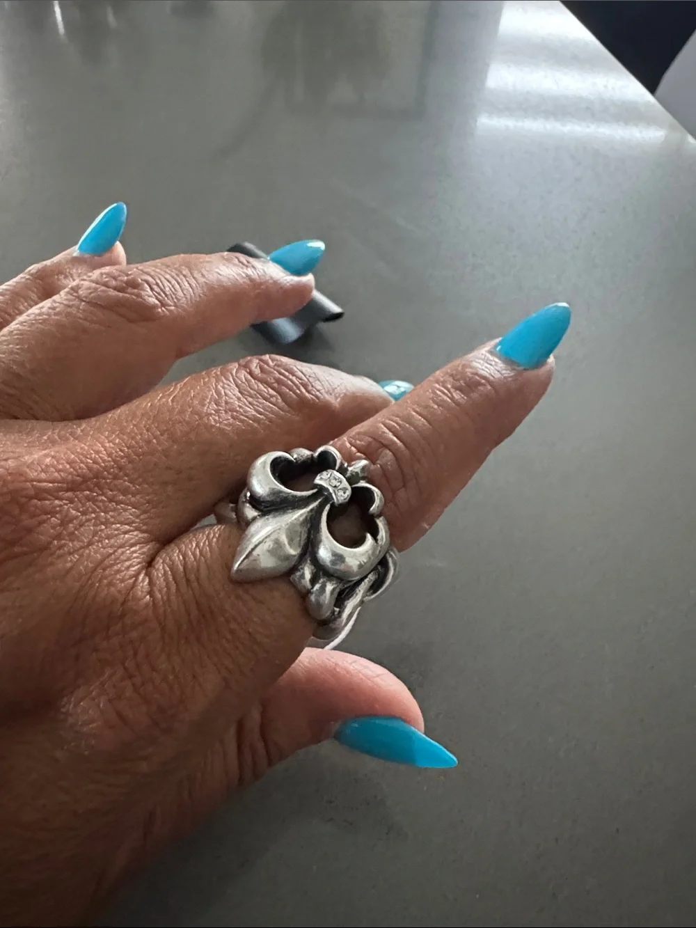 Sigma Gothic Silver Fleur-de-Lis Men's Ring with Crystal Accent size 9